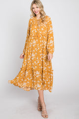 Yellow Floral Tassel Front Tie Ruffle Hem Midi Dress