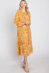 Yellow Floral Tassel Front Tie Ruffle Hem Midi Dress