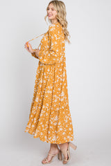 Yellow Floral Tassel Front Tie Ruffle Hem Midi Dress