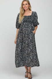 Black Spotted Square Neck Smocked Maternity Midi Dress