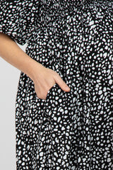 Black Spotted Square Neck Smocked Maternity Midi Dress