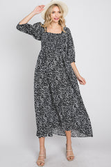 Black Spotted Square Neck Smocked Maternity Midi Dress