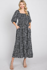 Black Spotted Square Neck Smocked Midi Dress