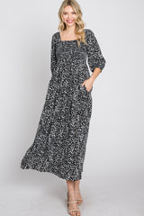 Black Spotted Square Neck Smocked Midi Dress