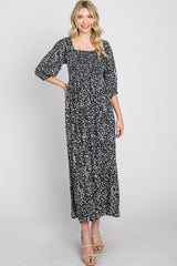 Black Spotted Square Neck Smocked Midi Dress