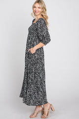 Black Spotted Square Neck Smocked Midi Dress