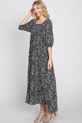 Black Spotted Square Neck Smocked Midi Dress