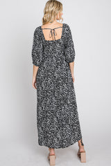 Black Spotted Square Neck Smocked Midi Dress