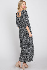 Black Spotted Square Neck Smocked Midi Dress