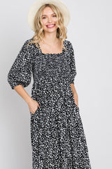 Black Spotted Square Neck Smocked Midi Dress