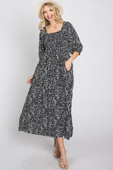 Black Spotted Square Neck Smocked Midi Dress