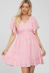 Light Pink Floral Print Smocked V-Neck Dress