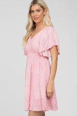 Light Pink Floral Print Smocked V-Neck Dress