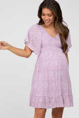 Lavender Floral Print Smocked V-Neck Maternity Dress