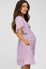 Lavender Floral Print Smocked V-Neck Maternity Dress