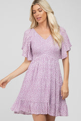 Lavender Floral Print Smocked V-Neck Maternity Dress