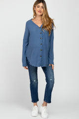 Blue Waffle Knit Button Down Maternity Top