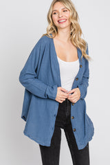 Blue Waffle Knit Button Down Top