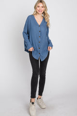 Blue Waffle Knit Button Down Top