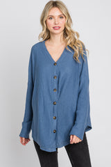 Blue Waffle Knit Button Down Top