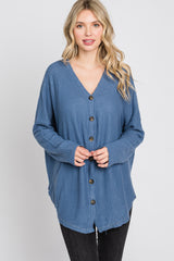 Blue Waffle Knit Button Down Top