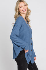 Blue Waffle Knit Button Down Top