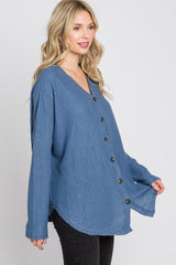 Blue Waffle Knit Button Down Top