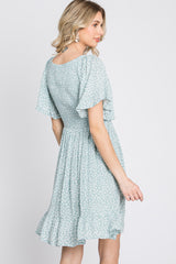 Mint Green Floral Print Smocked V-Neck Dress