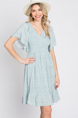 Mint Green Floral Print Smocked V-Neck Dress