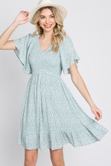 Mint Green Floral Print Smocked V-Neck Dress