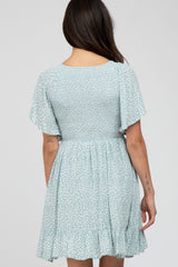 Mint Green Floral Print Smocked V-Neck Dress