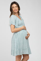 Mint Green Floral Print Smocked V-Neck Maternity Dress