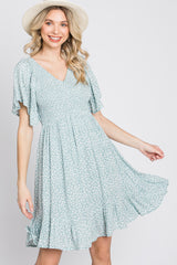 Mint Green Floral Print Smocked V-Neck Dress