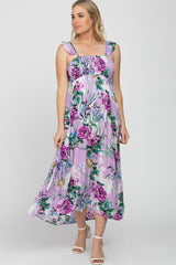 Lavender Floral Smocked Ruffle Strap Maternity Midi Dress