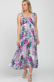 Lavender Floral Smocked Ruffle Strap Maternity Midi Dress