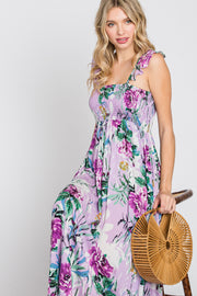 Lavender Floral Smocked Ruffle Strap Midi Dress