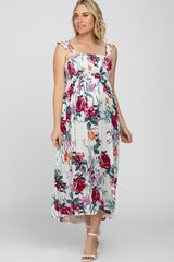 White Floral Smocked Ruffle Strap Maternity Midi Dress