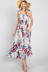 White Floral Smocked Ruffle Strap Maternity Midi Dress