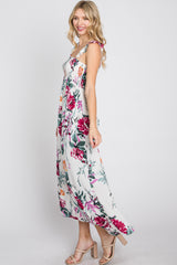 White Floral Smocked Ruffle Strap Midi Dress