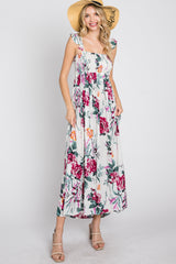 White Floral Smocked Ruffle Strap Midi Dress