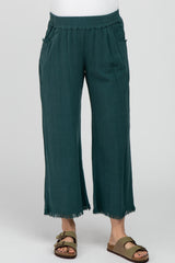 Teal Linen Frayed Hem Crop Maternity Pants