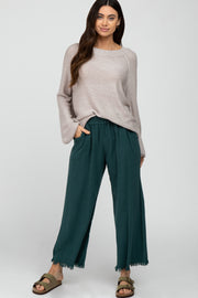 Teal Linen Frayed Hem Crop Pants