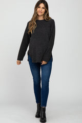 Charcoal Ribbed Long Sleeve Curved Hem Maternity Top