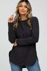 Charcoal Ribbed Long Sleeve Curved Hem Top