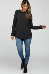 Charcoal Ribbed Long Sleeve Curved Hem Top