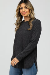 Charcoal Ribbed Long Sleeve Curved Hem Top