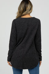 Charcoal Ribbed Long Sleeve Curved Hem Top