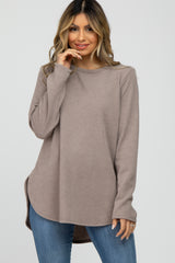 Taupe Ribbed Long Sleeve Curved Hem Top