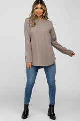 Taupe Ribbed Long Sleeve Curved Hem Top