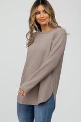 Taupe Ribbed Long Sleeve Curved Hem Top